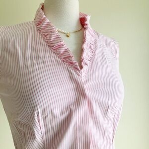 Brooks Brothers Pink and White Striped Ruffle V-Neck Blouse